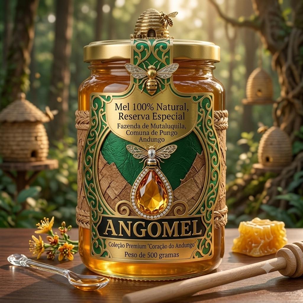 Frasco Angomel 500 g em ambiente gourmet com queijos e cartão de degustação