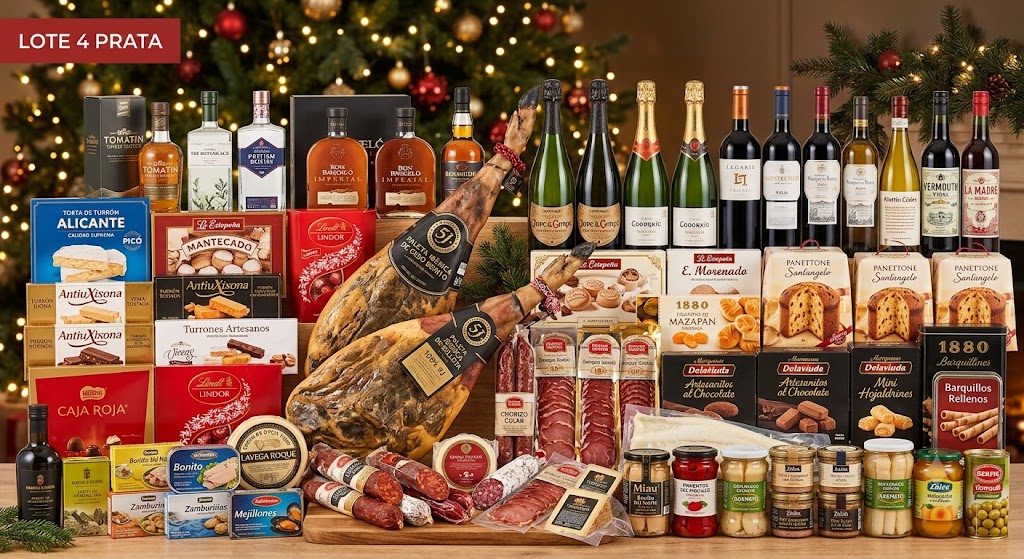 Cabaz de Natal Prata Lote 4 com paletas ibéricas, panettones Santangelo e vinhos