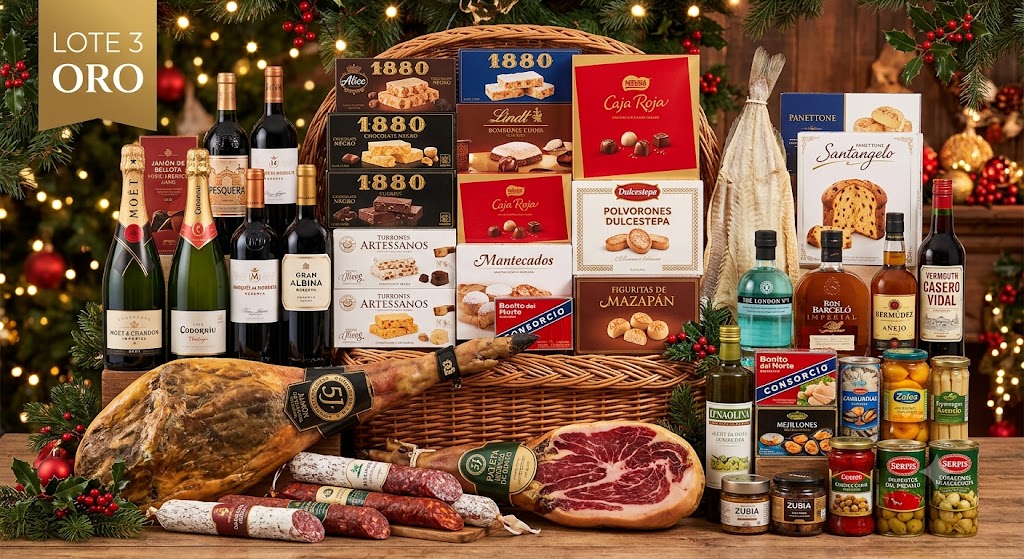 Cabaz de Natal Ouro Lote 3 com jamón, turrones 1880 e Moët & Chandon