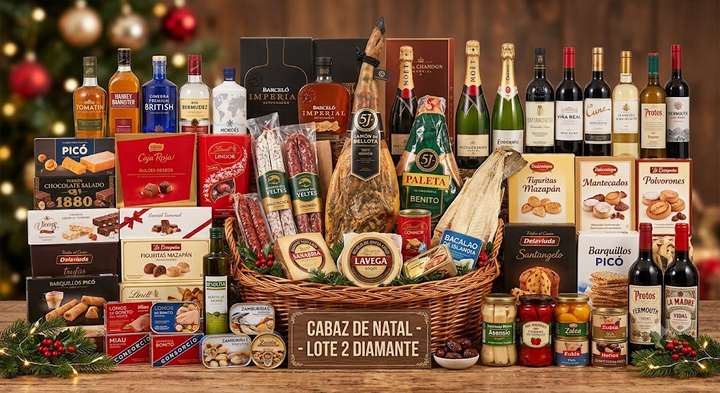 Cabaz de Natal Diamante Lote 2 com paleta ibérica, bacalhau e vinhos