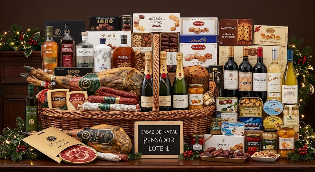 Cabaz de Natal Pensador Lote 1 com jamón, Moët, Lindt e Panettone